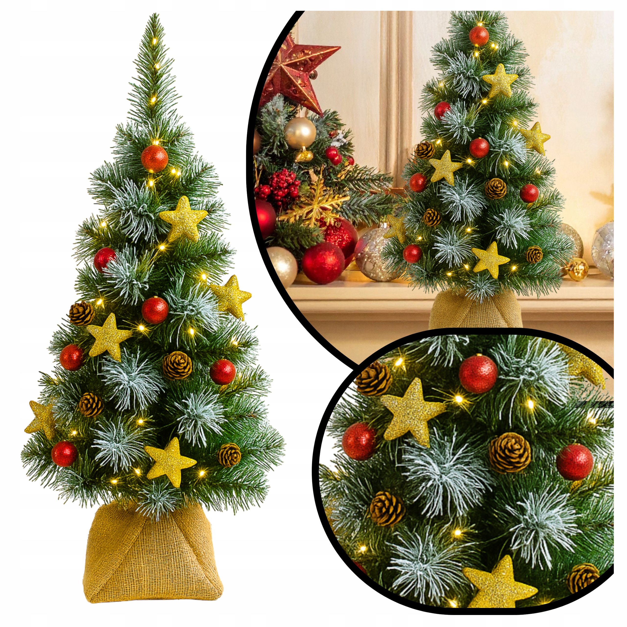 Malý Umelý Vianočný Stromček S Šiškami, Gule A Červenými Svetielkami 55cm, 20 Led