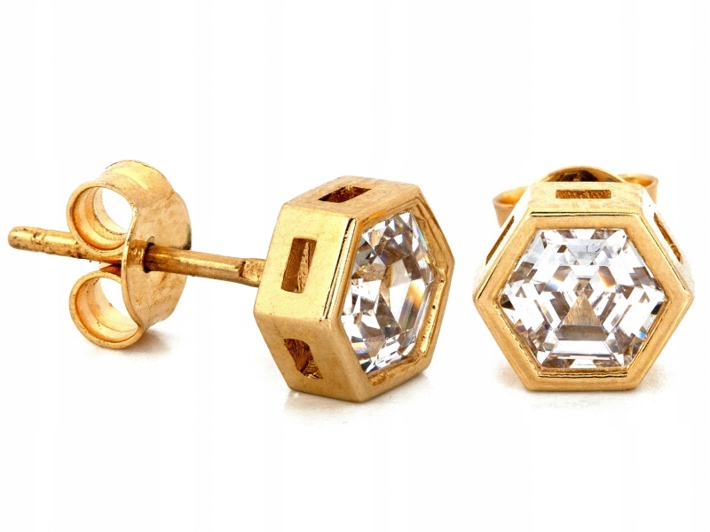 Zlaté 585 náušnice šestihranné na tyči s drobnými zirkony jako dárek