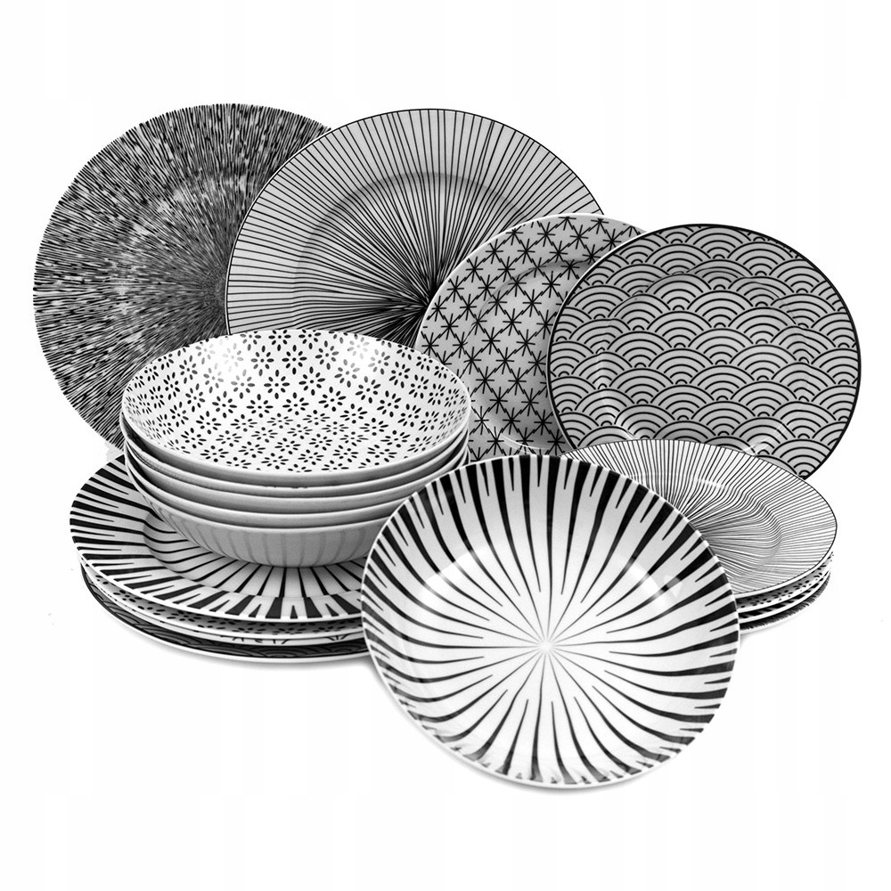 

Serwis Obiadowy Ceramiczny Czarny Biały Zestaw 18