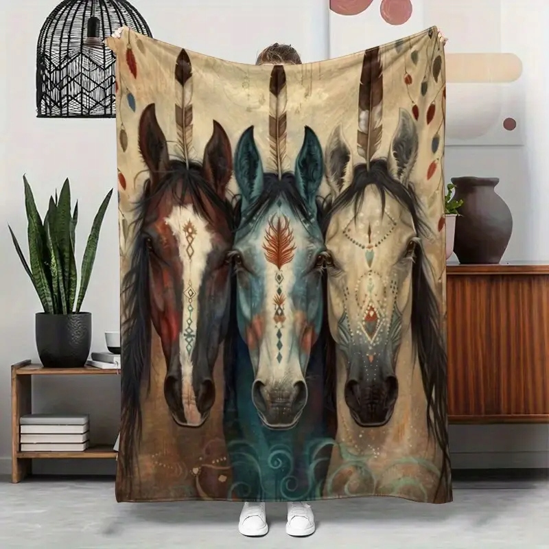 Barevná deka Kůň Koně Boho Art 180 x 220 cm měkká jako dárek pro koně