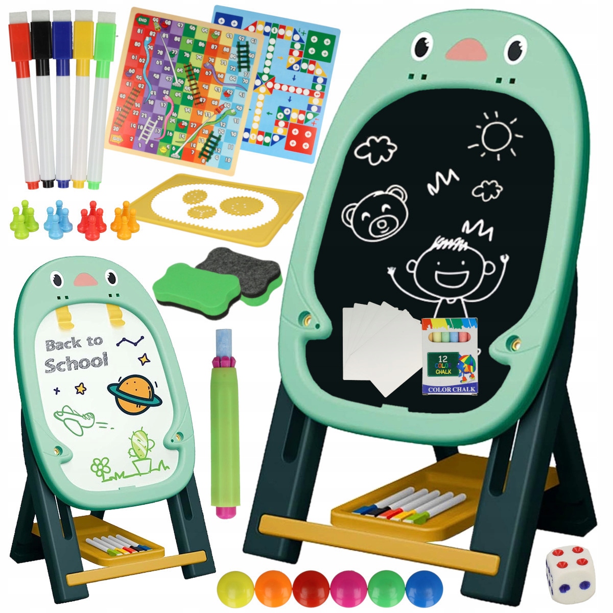 Tablica EDUKACYJNA 2w1 Magnetyczna Kredowa Stojąca + Akcesoria Gry Gąbka Głębokość produktu 30 cm