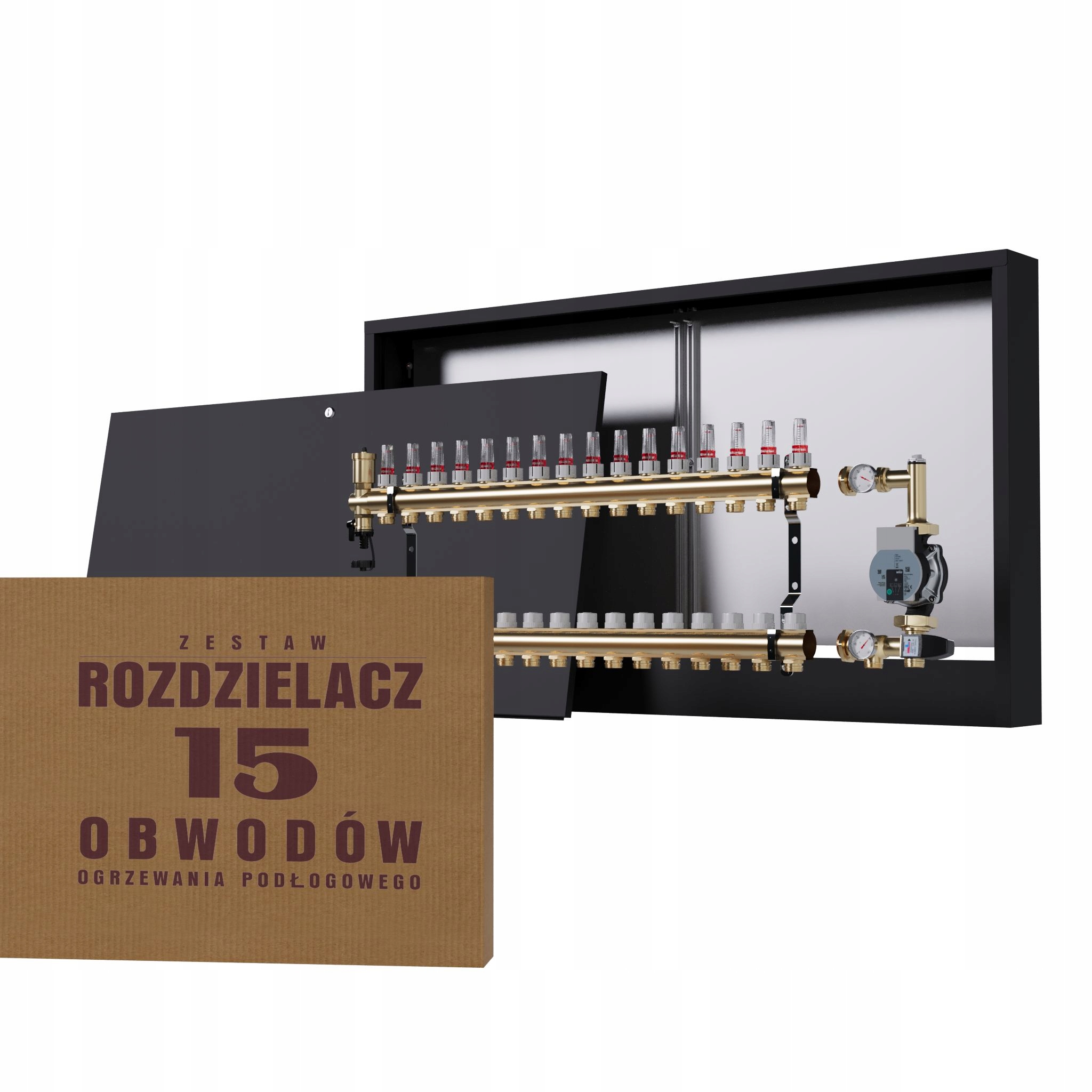 Rozdělovač pro podlahovku 15 okruhů s čerpací skupinou Wilo nástěnný, černý