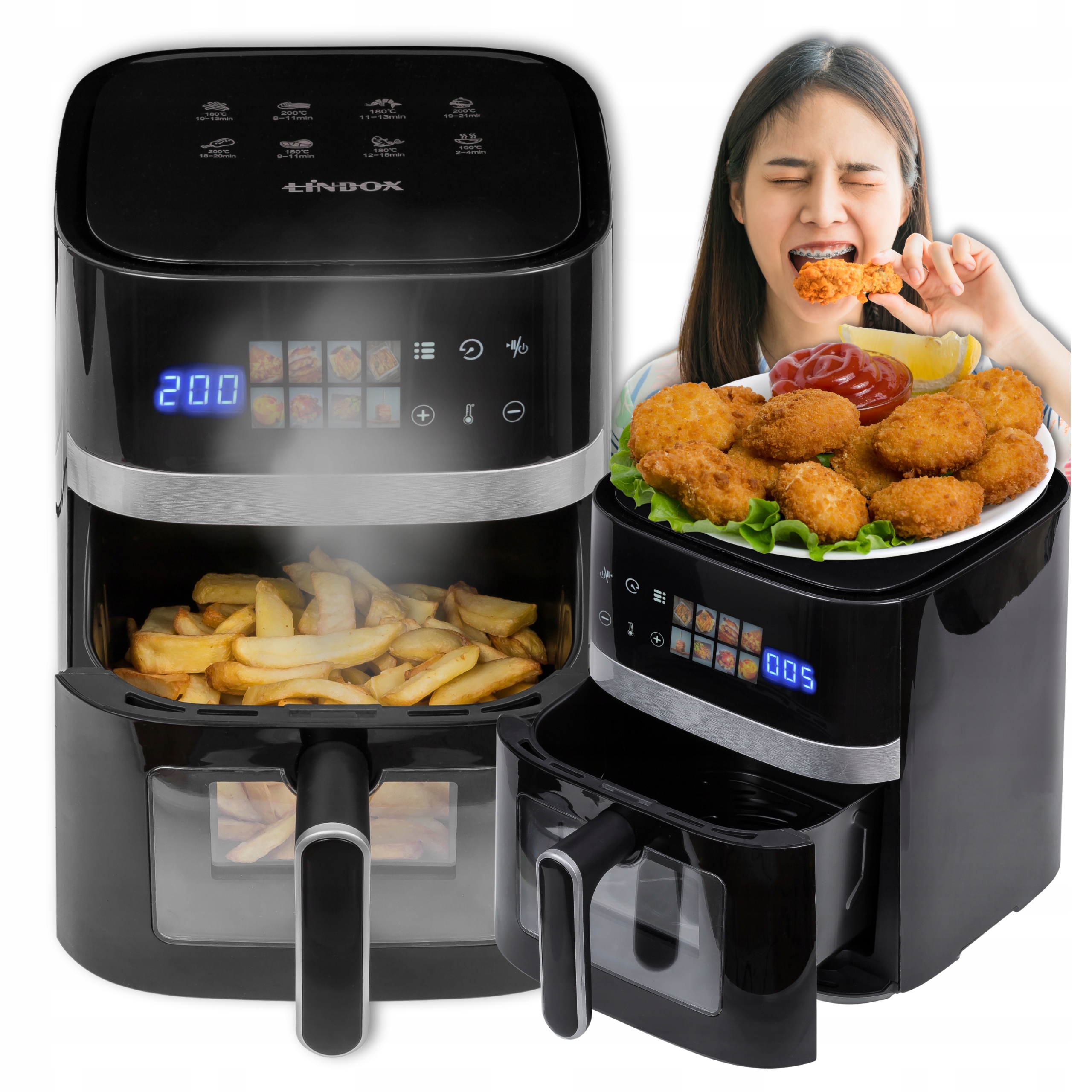 Hriankovač na vzduch Bezolejový fritéza 6L/1600W Dotykový panel 8 programov