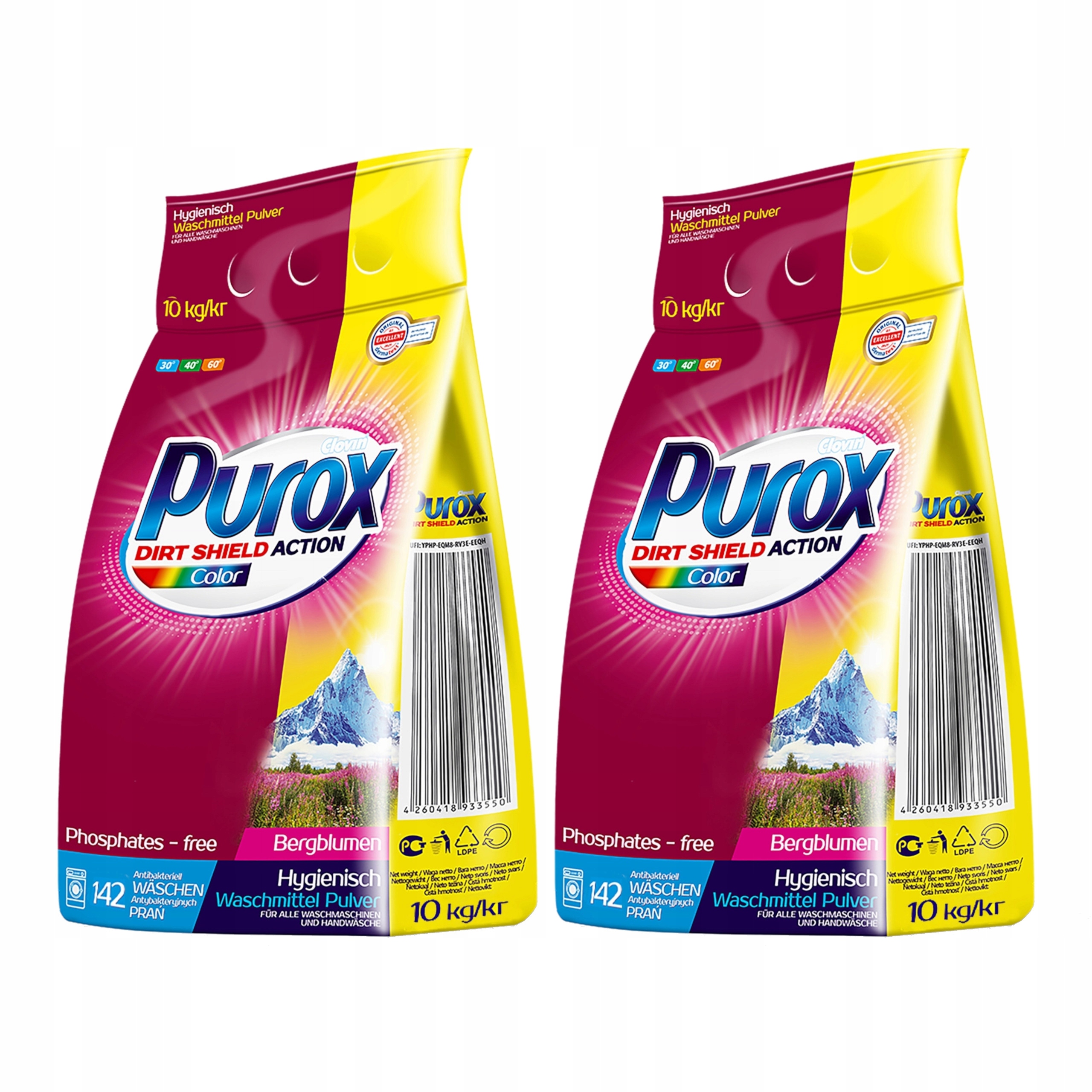 Levně 2x Prací prášek Purox Color na barvu 142 praní 10kg