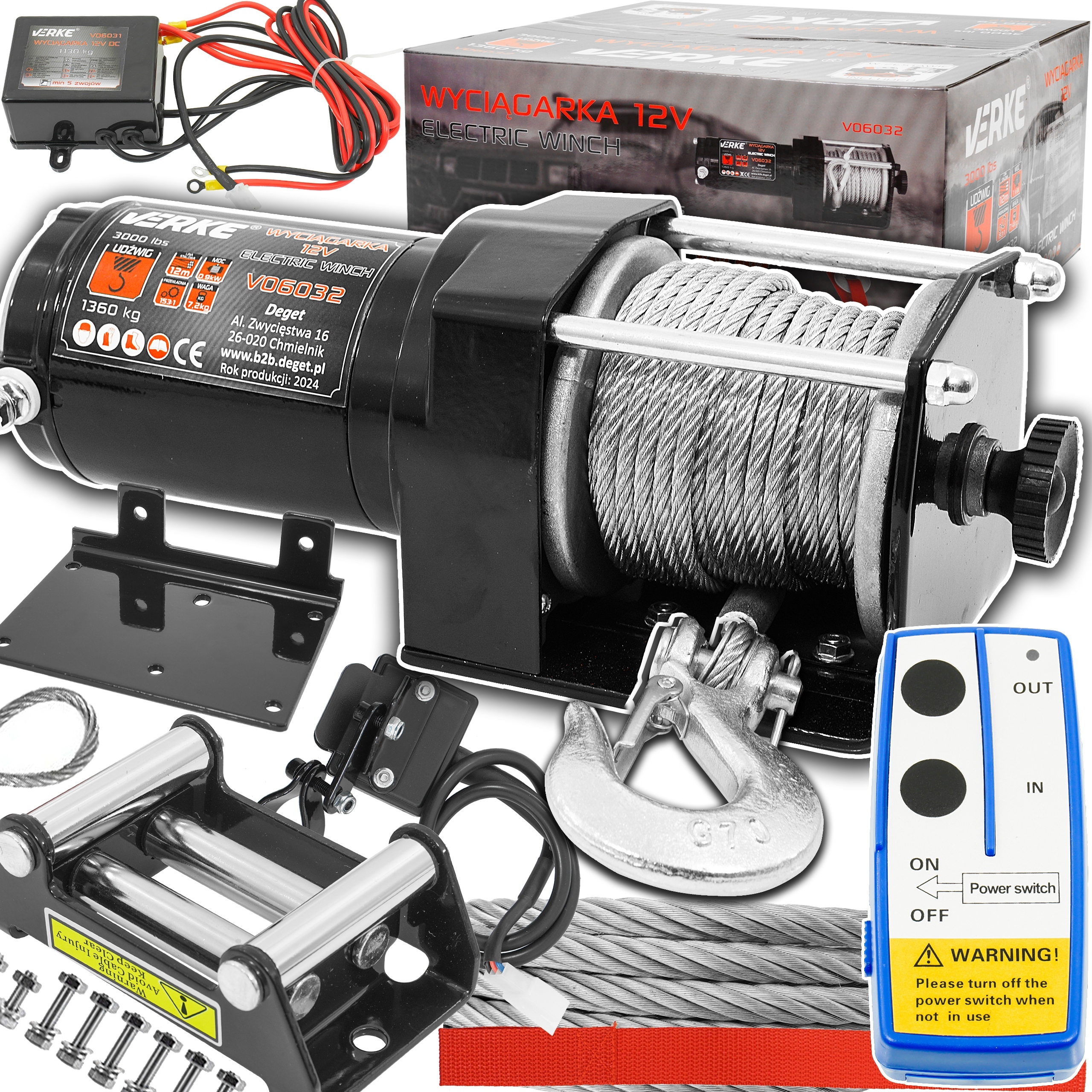 WYCIĄGARKA ELEKTRYCZNA 12V 1360KG WCIĄGARKA LINOWA SAMOCHODOWA LAWETY 12M