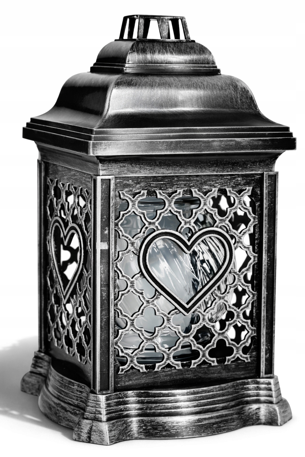 Znicz szklany ozdobny premium srebrno-czarny, tradycyjny SERCE wys. 26 cm