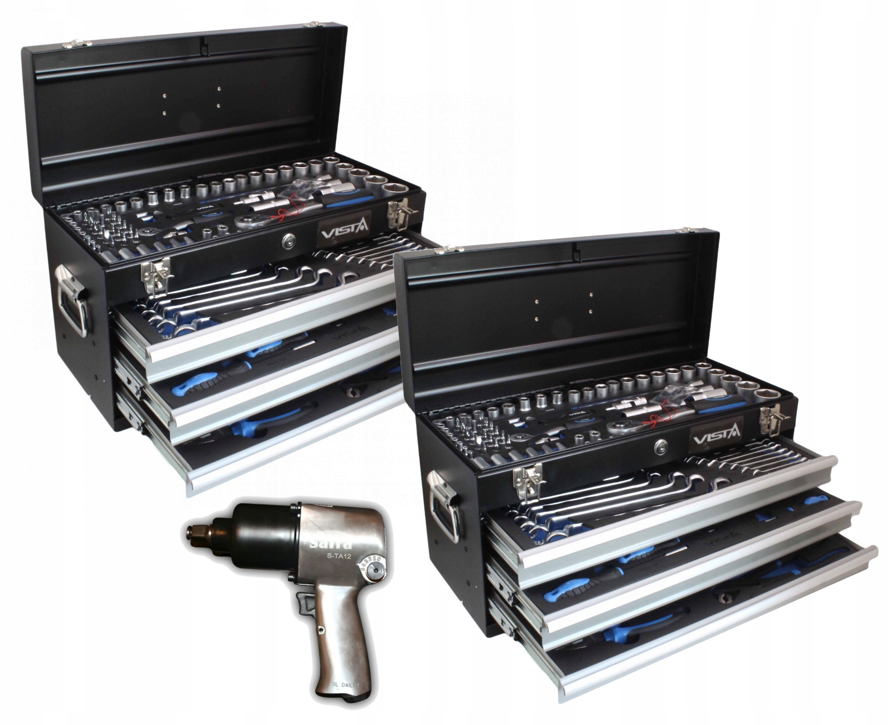 SKRZYNKA NARZĘDZIOWA x2 walizka METAL szuflady NARZĘDZIA 145el + KLUCZ UDAR