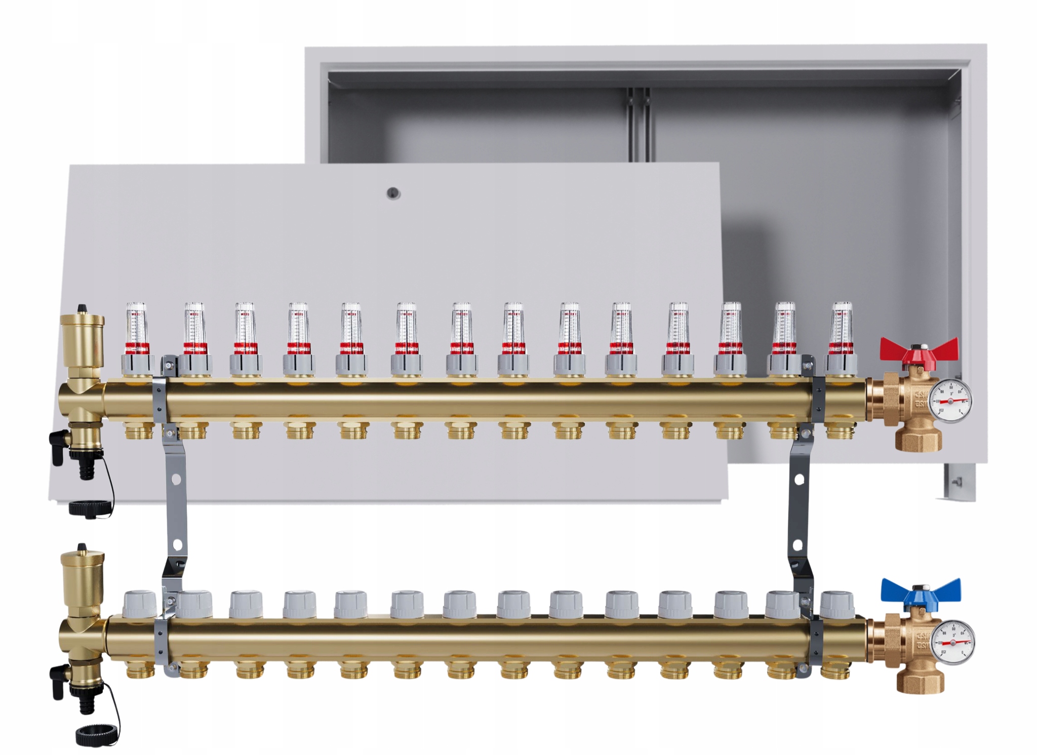 Rozdělovač Pro Podlahovku 14 Okruhů Kulový Ventil Teploměr, Krabička