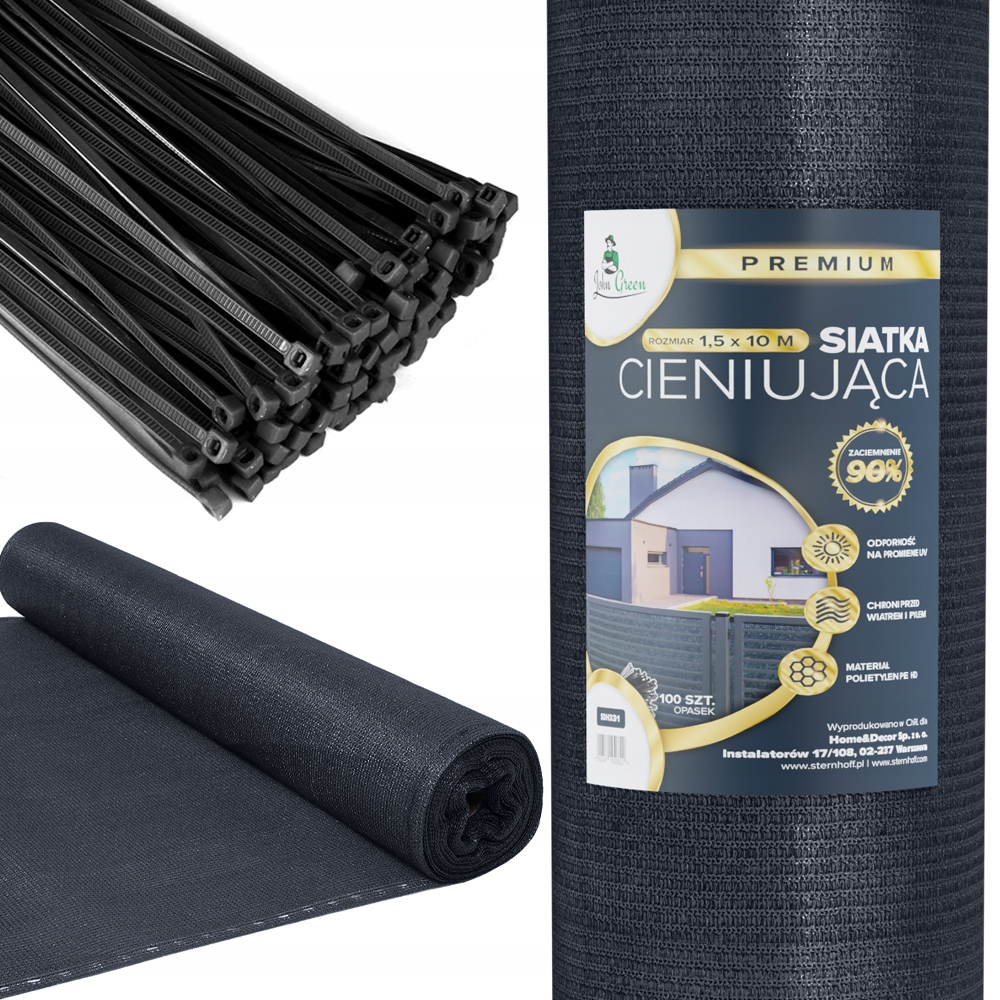 SIATKA CIENIUJĄCA MASKUJĄCA 90% OSŁONA 1,5x25m UV-4+ OPASKI ZESTAW ANTRACYT