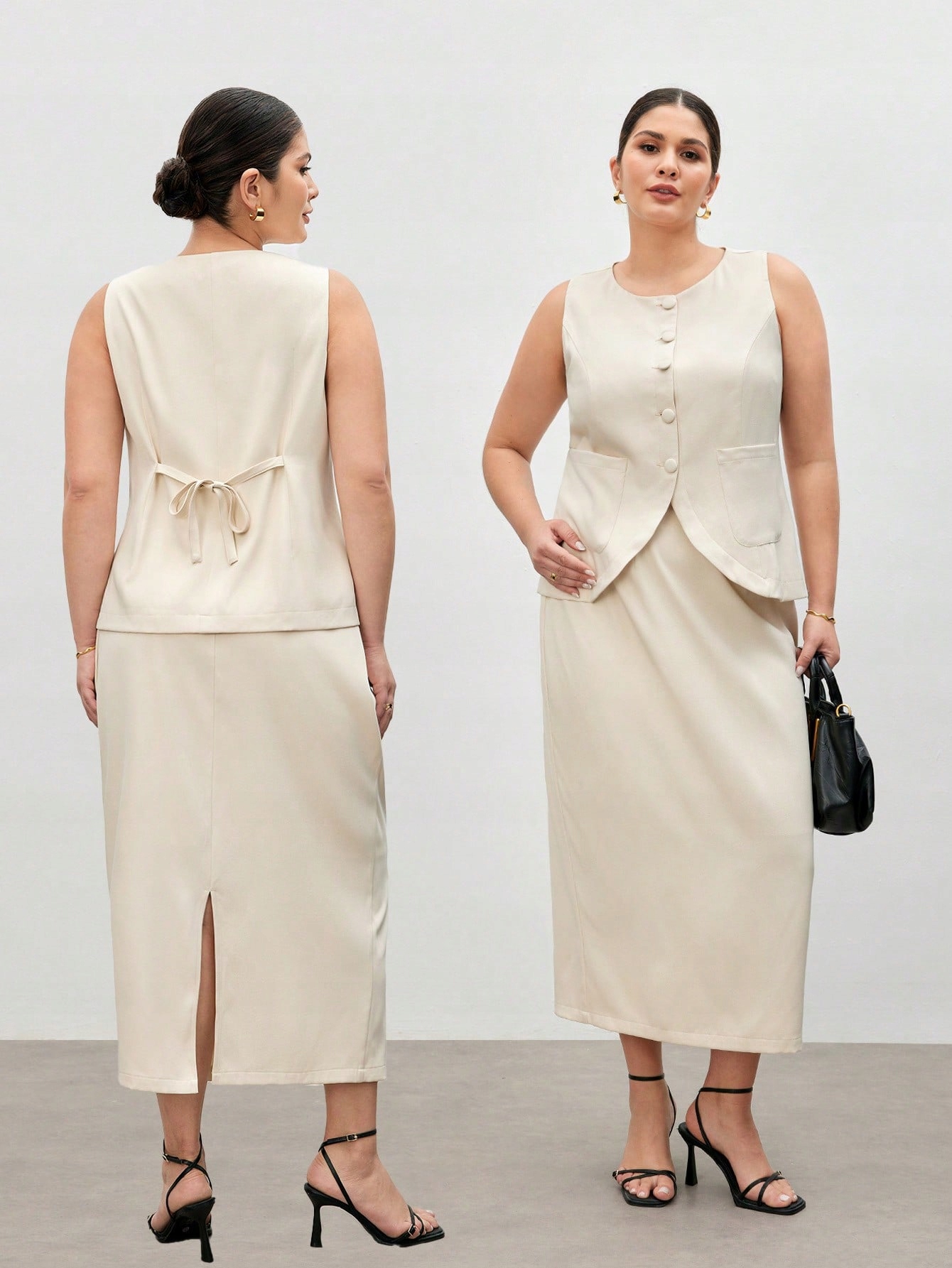 Komplet Elegantní Béžová Halenka S Knoflíky Sukně Maxi Shein 4XL 48