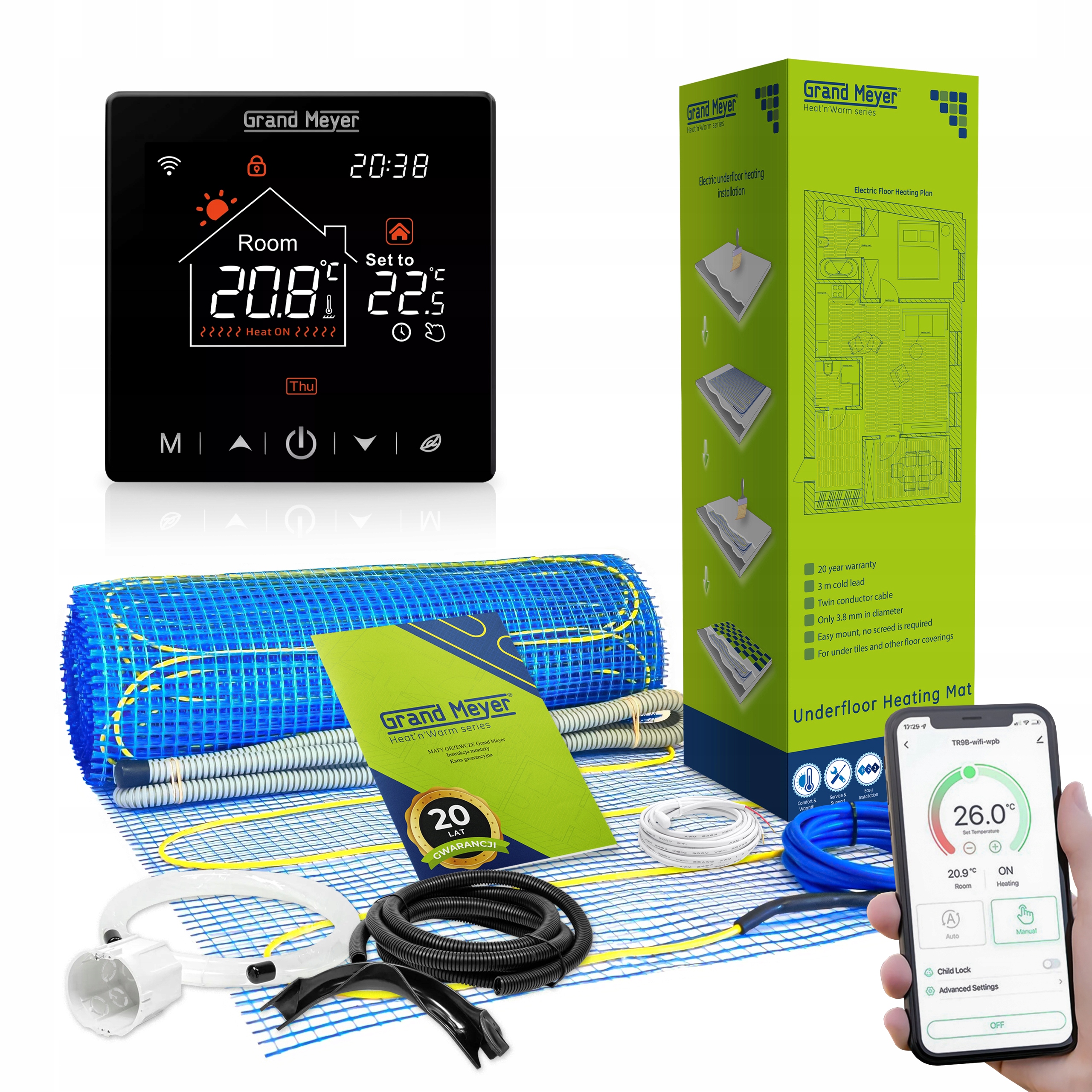 Mata Grzewcza 170W/m² 15 m² pod płytki z termostatem SN-20 Wi-Fi