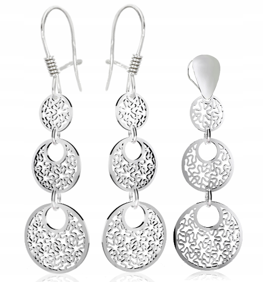 Stříbrný Komplet Závěsných Prolamovaných Kruhů S Květinami 925