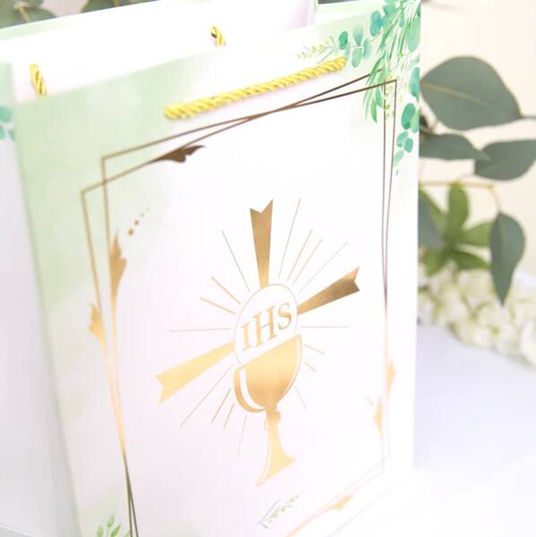 TORBA TOREBKA PREZENTOWA ZŁOTY KIELICH IHS KOMUNIA 15X20X10 CM Marka inna