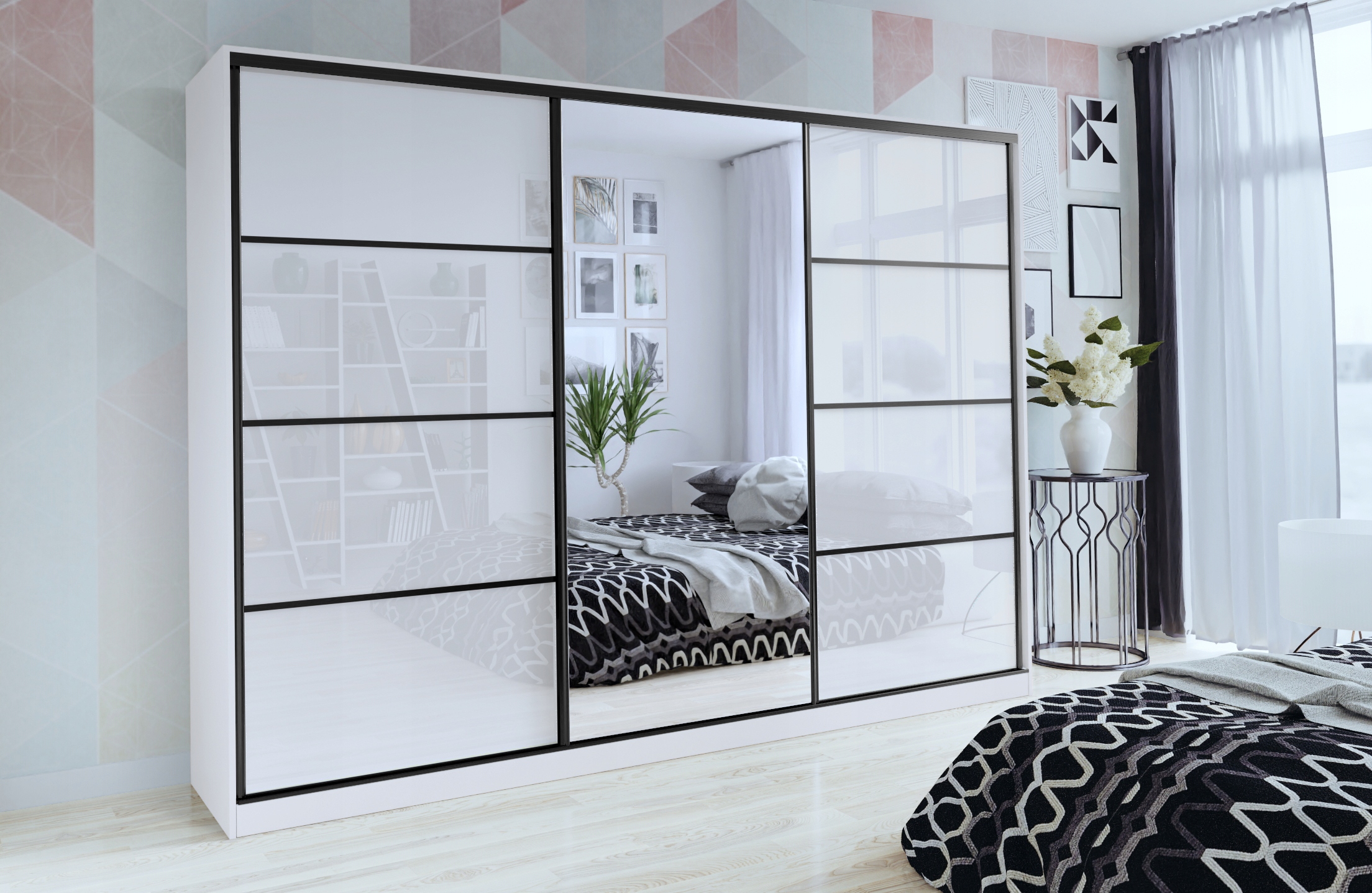 Biała szafa przesuwna z lustrem 280 cm połysk LOFT Kolekcja LOFT