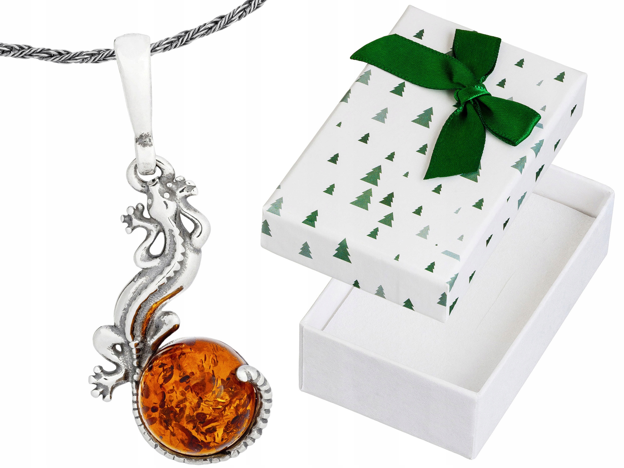 Stříbrný Oxidovaný Dámský Náhrdelník s Jantarem Ještěrka Jantar 55 cm