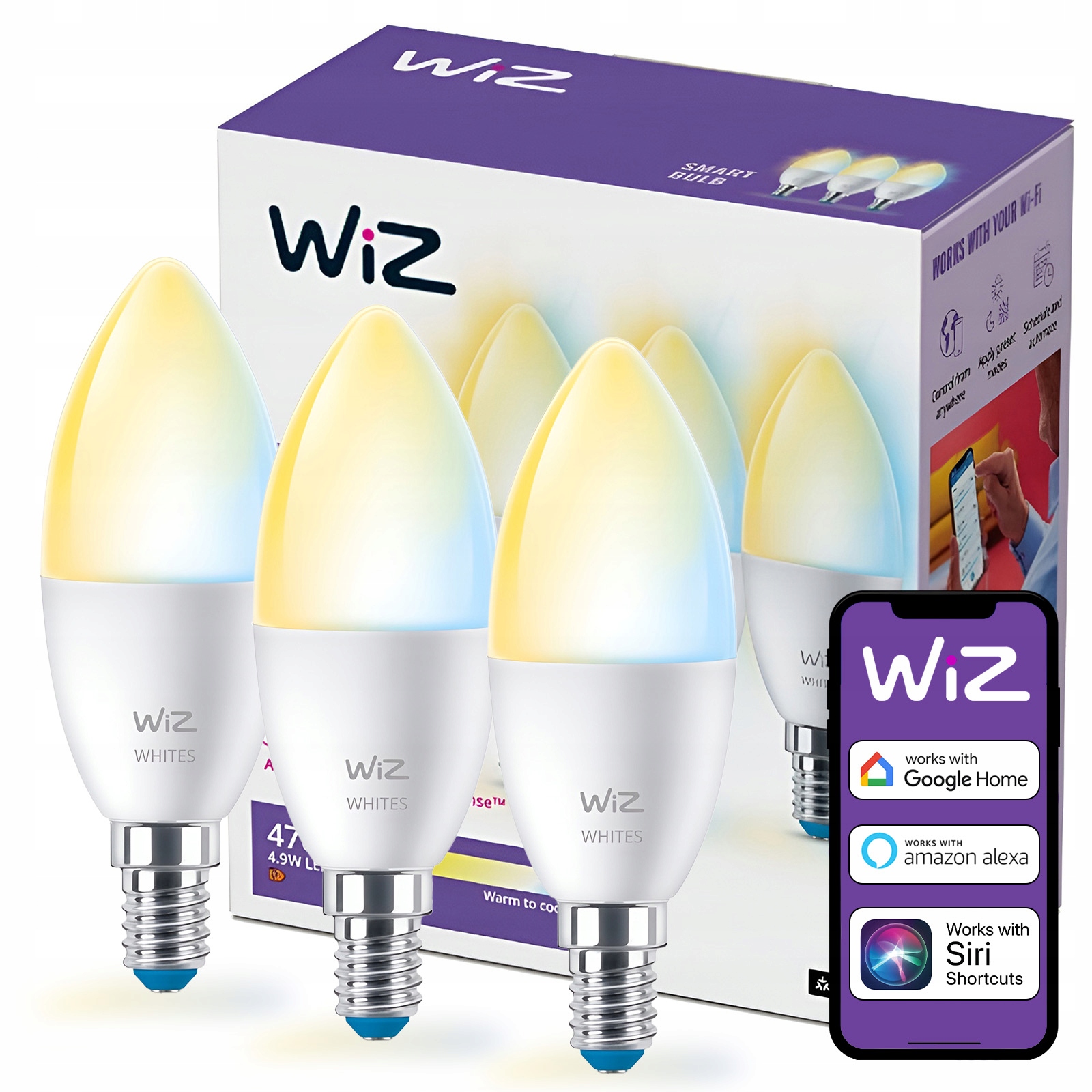 3x Led žárovka E14 Svíčka 4,9W 40W 2200-6500K Smart WiFi Aplikace WiZ