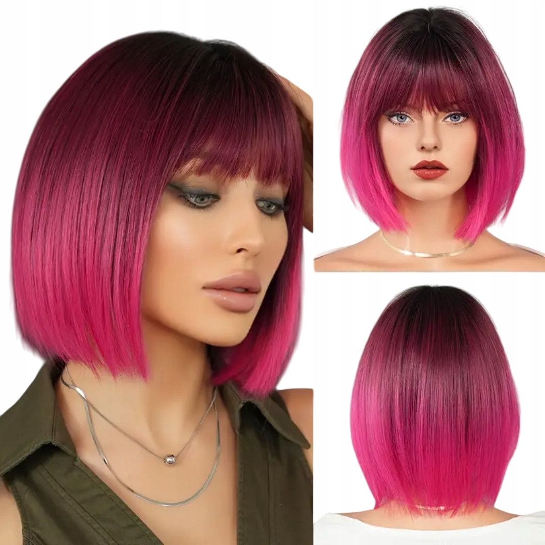 Peruka damska fuksja róż bob ombre grzywka włosy jak naturalne peruki damsk