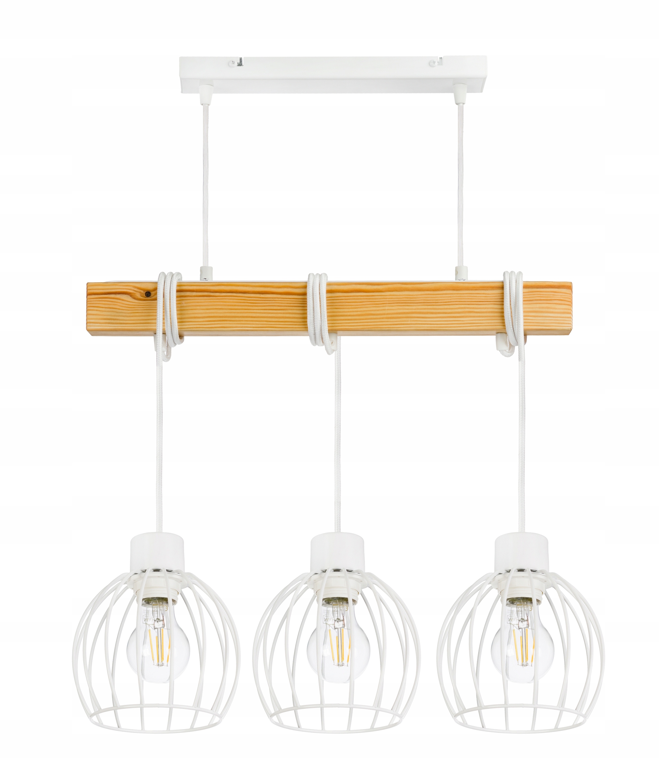 Dřevěná závěsná stropní lampa Lustr Zwis Loft Bílý Drát 3x E27