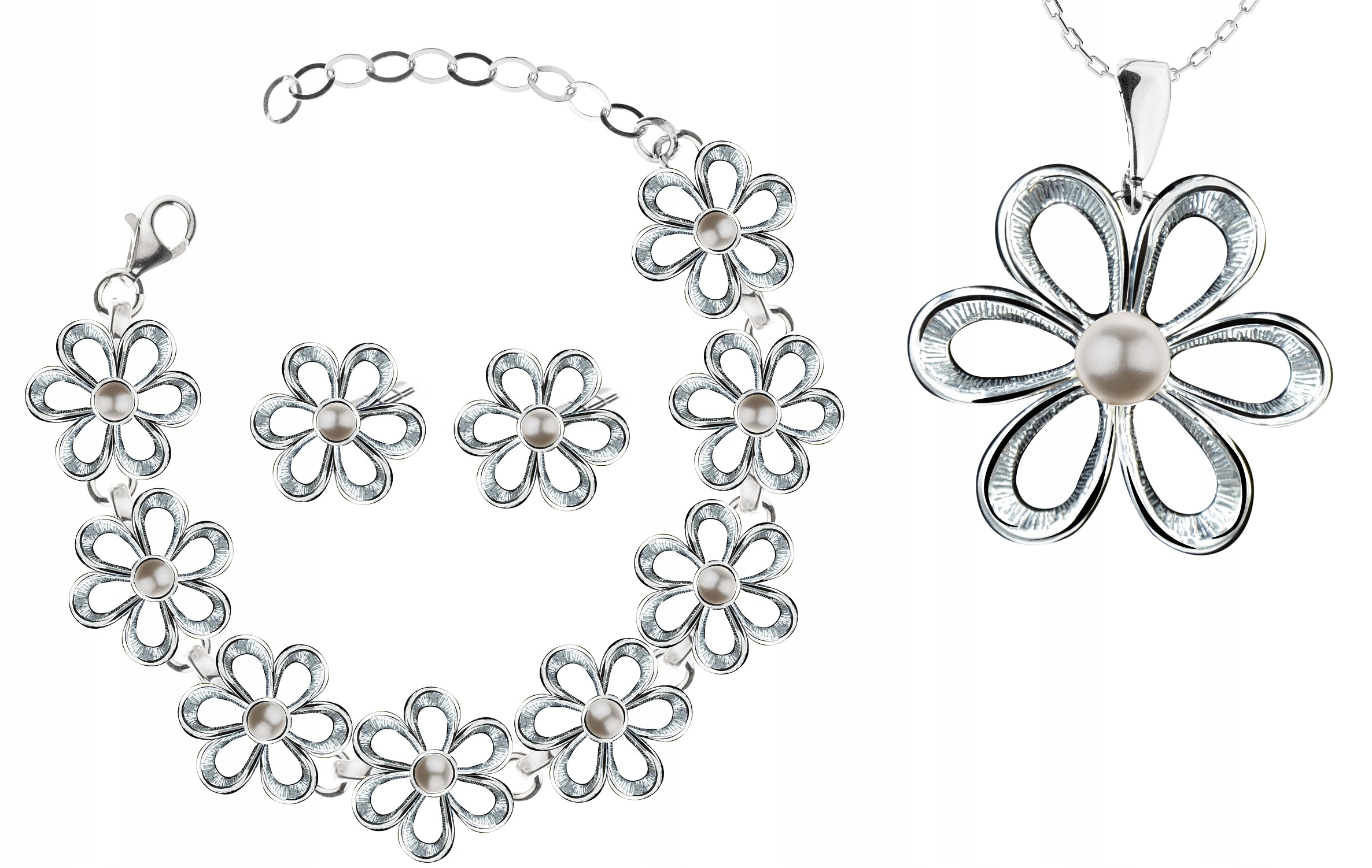 

Komplet Biżuterii Kwiatki Z Perełkami Srebro 925