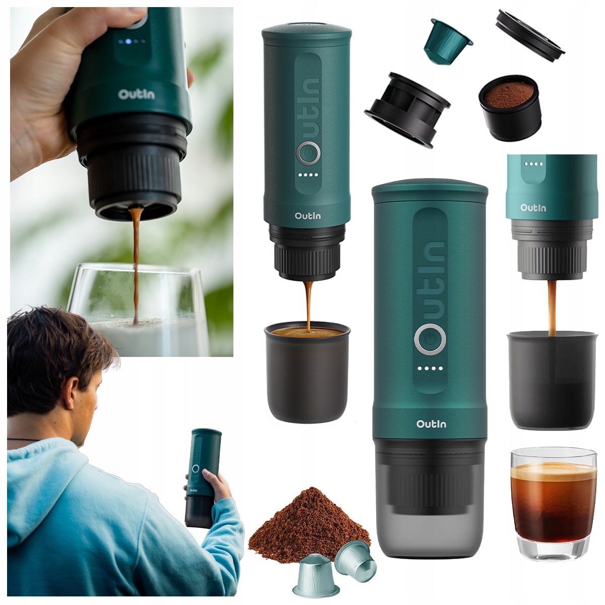 Tlakový kávovar na mletú kávu s kapsulami 20 bar Outin Nano Prenosný