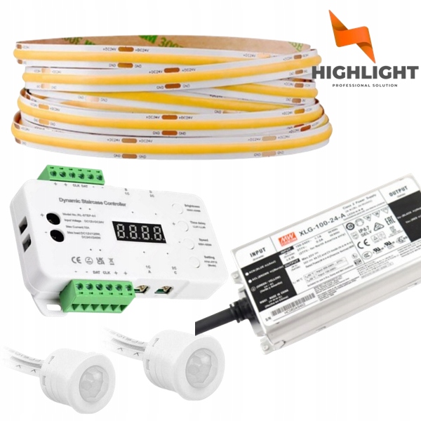 10 m Schodový set Kaskádový pás Led Cob 8W 24V MoNo detektory pohybu