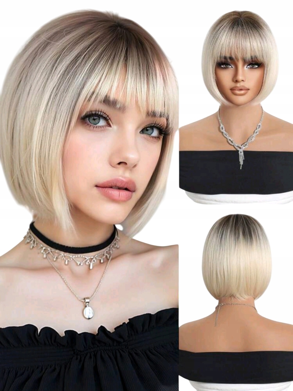 Peruka Damska blond ombre bob z grzywką Krótka jak naturalne włosy czepek