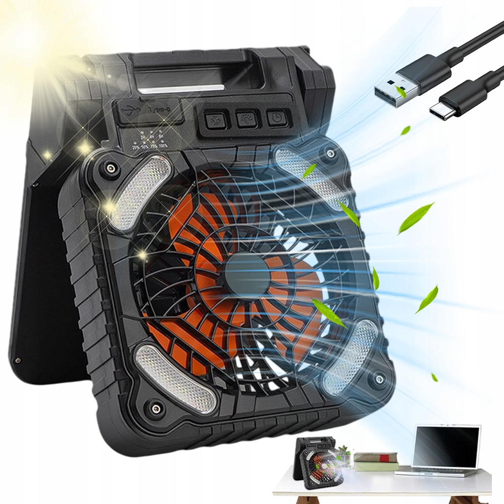 Solární kempingový ventilátor s Led lampou Přenosný stolní Usb skládací