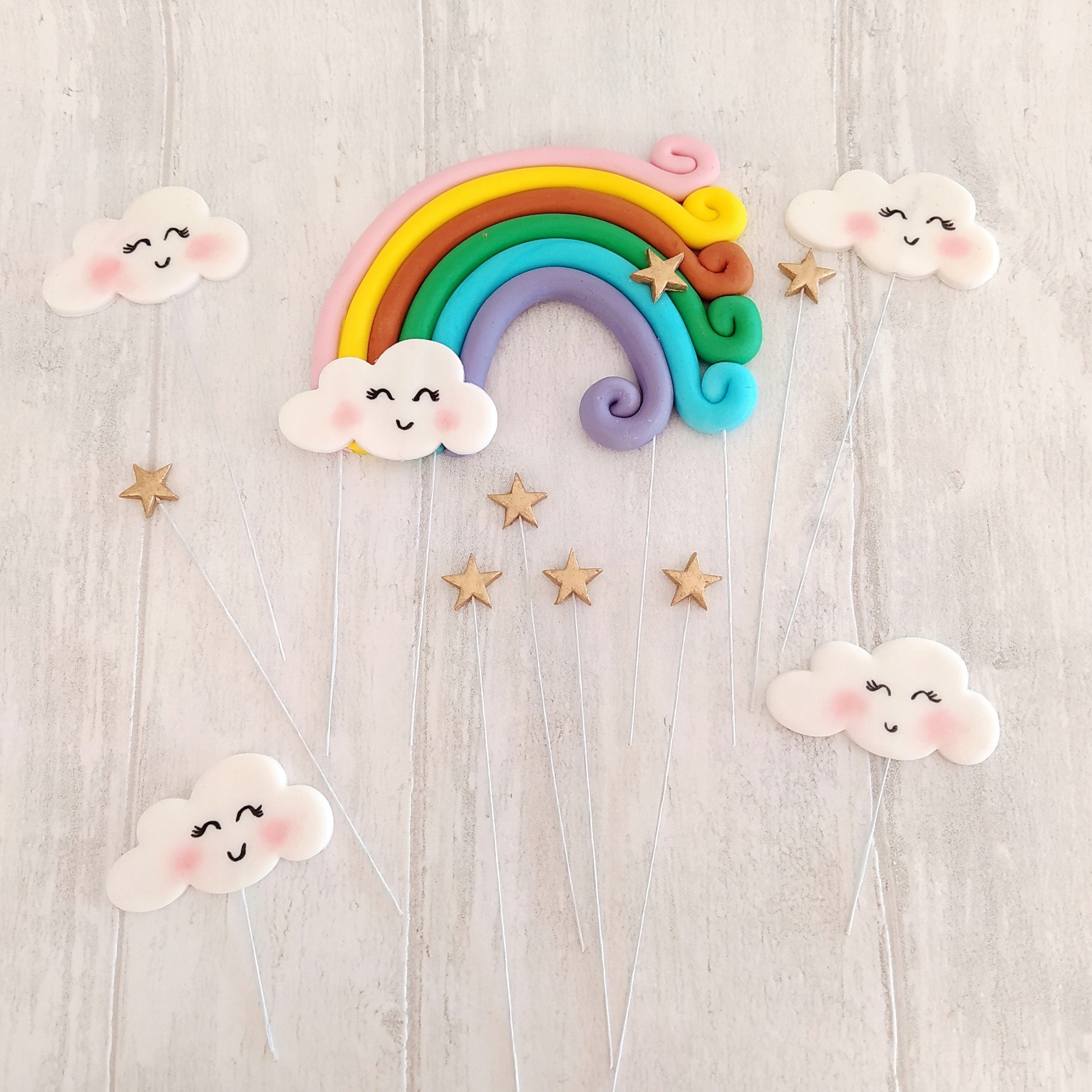 Duha obláčky hvězdičky sada dekorací jednorožec na dort