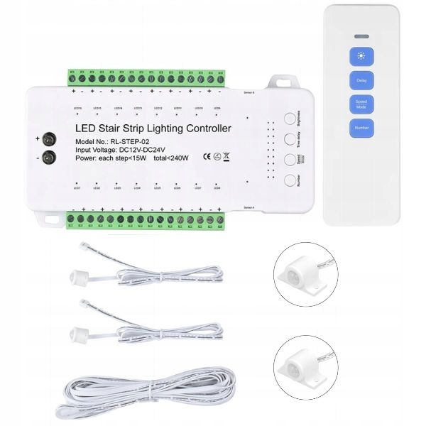 Sterownik Schodowy 16 kanałów 12-24V 240W 2x Czujka ruchu Pir Pilot