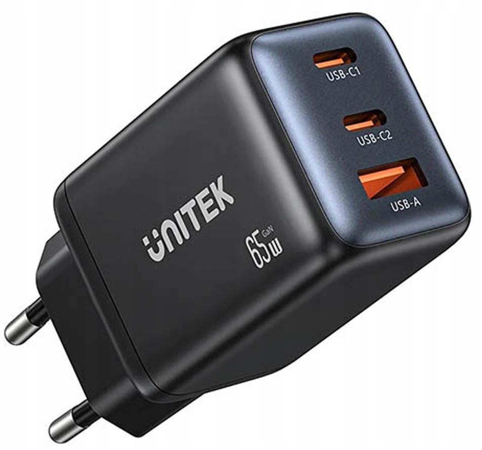 Síťová nabíječka Unitek GaN 65W, 2xUSB-C, Usb-a, Pd 3.0, černá