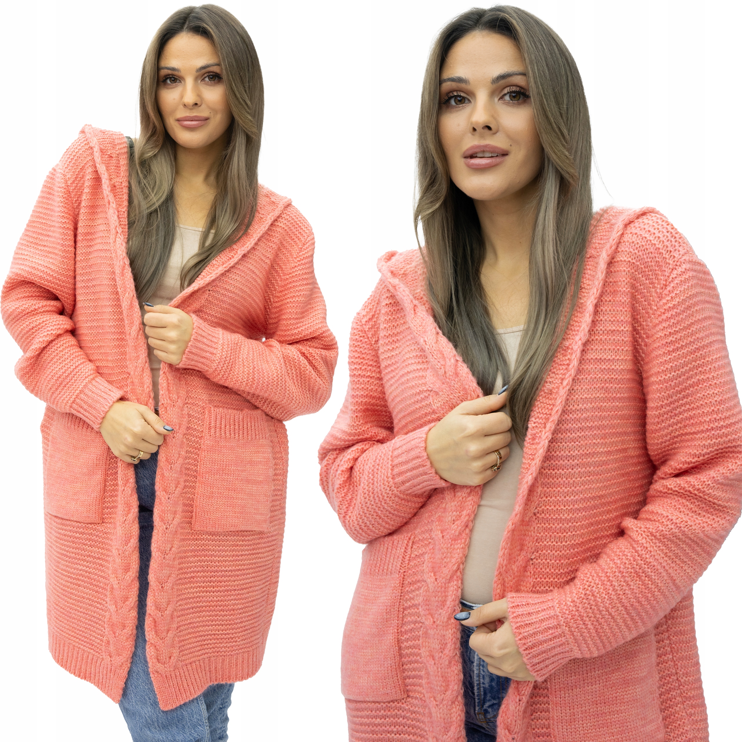 Hena Polský klasický oversize kardigan s kapsami zdobený kapuce L/XL