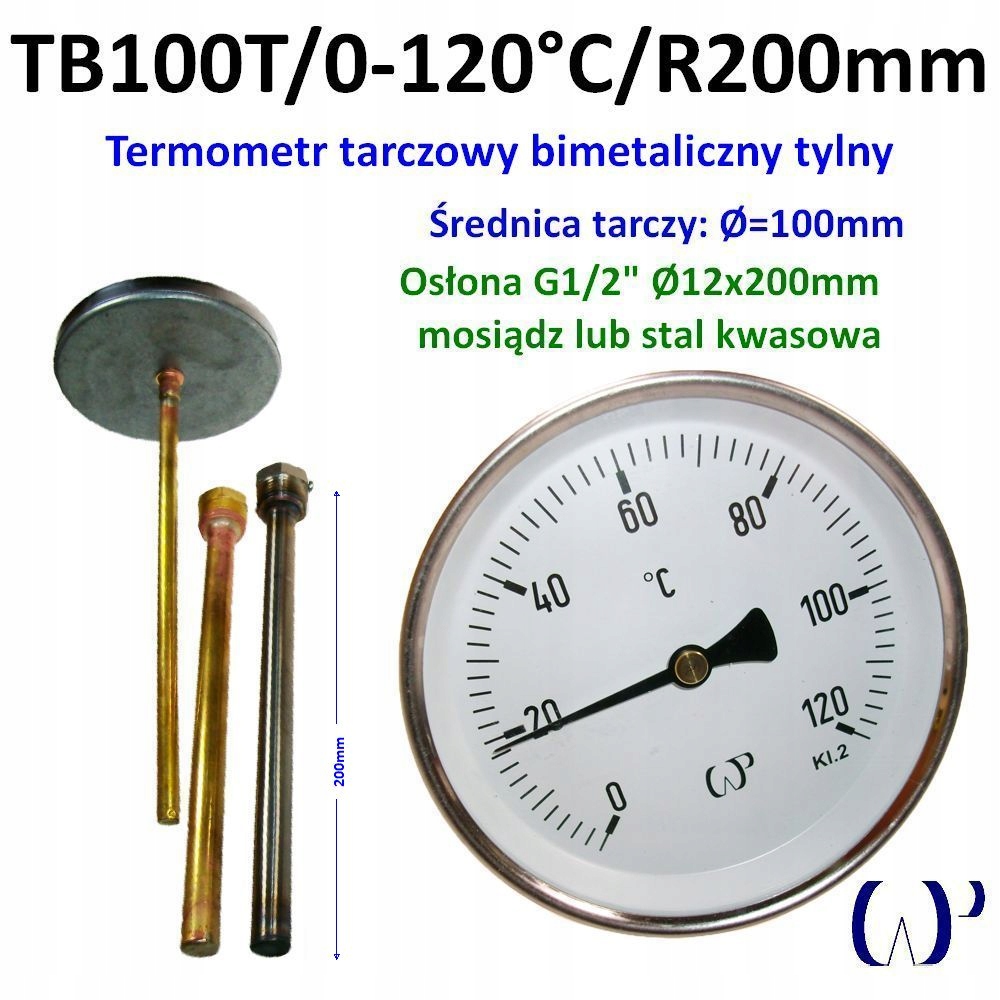 Bimetalický kotúčový teplomer TB100T/0-120°C kyslá ochrana G1/2" 200 mm