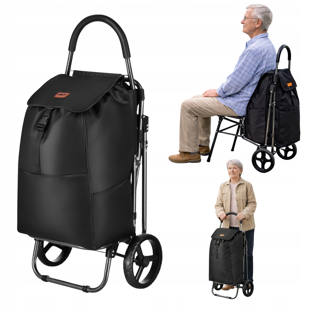 Wózek Na Zakupy Z Siedziskiem Torba Zakupowa Z Termoizolacją Czarna 40L 2w1