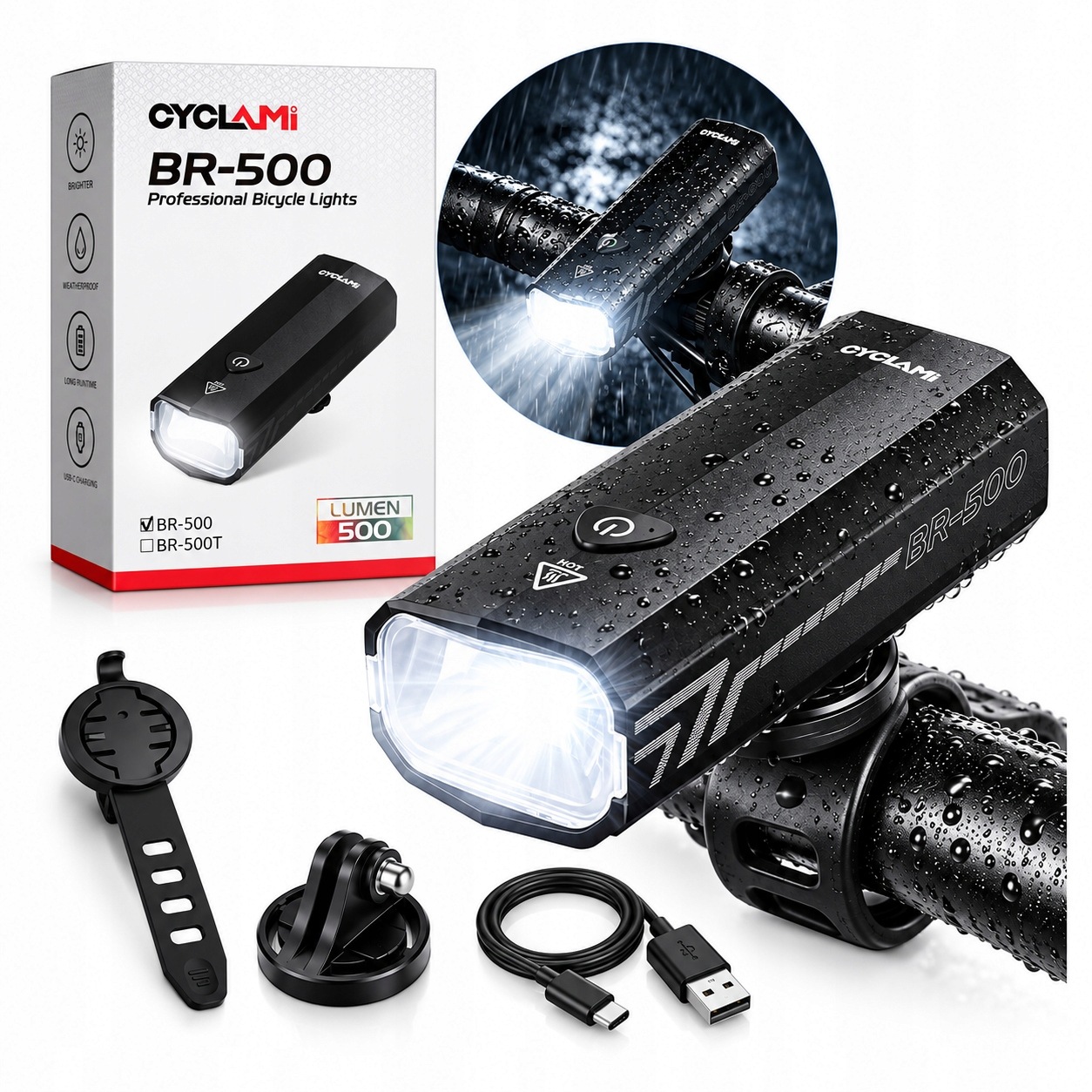 Lampka rowerowa Cyclami BR-500 500 lm 2000 mAh Usb-c IPX6 aluminium Cut-Off