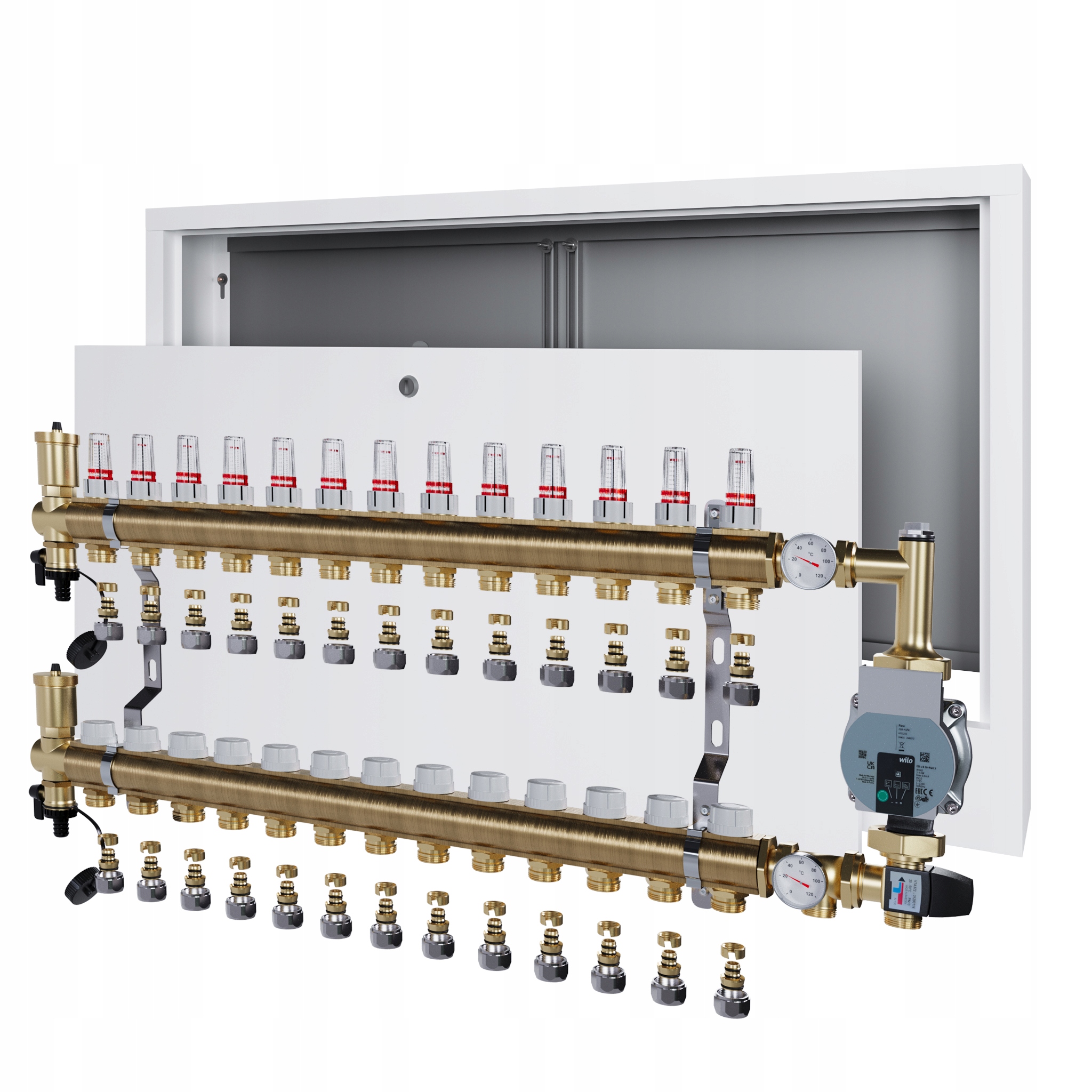Rozdělovač pro podlahu 13 sekcí s čerpadlem Wilo a nástěnnou schránkou Pex