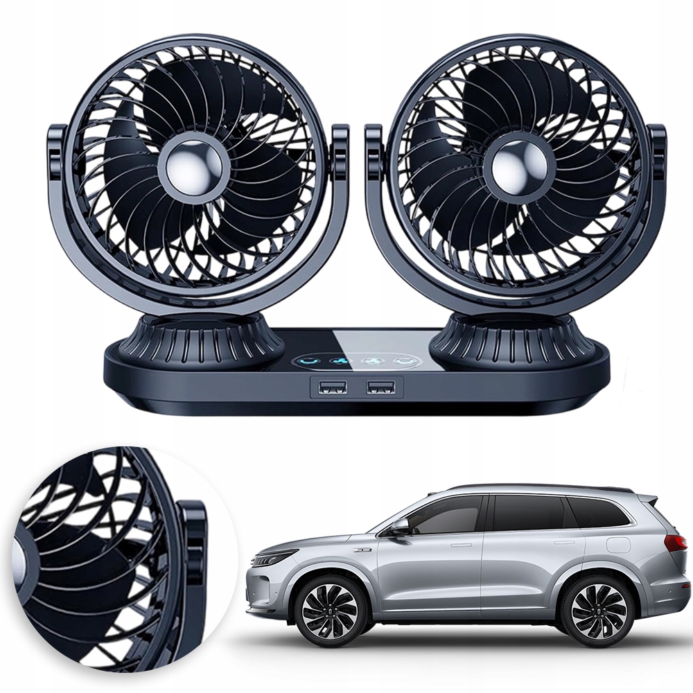 Větráček Do Auta Ventilátor 360° Dvojitý Otočný Regulace Tichý 12V