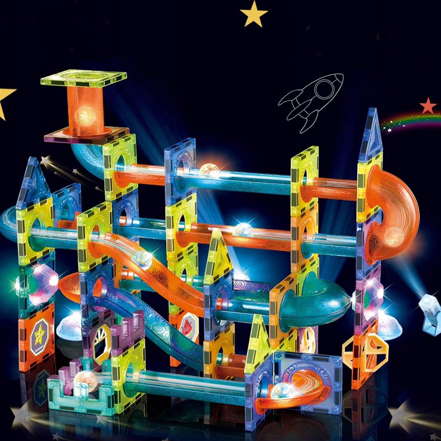 ŚWIECĄCE KLOCKI MAGNETYCZNE ŚWIECĄCY TOR MAGNETYCZNY dla kulek ZESTAW XXL Wiek dziecka 3 lata +