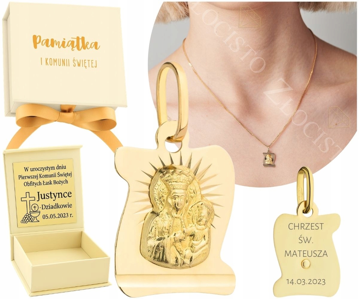 Zlatý Medailonek Přívěsek 585 Panna Maria Čenstochovská Papirus Gravírování
