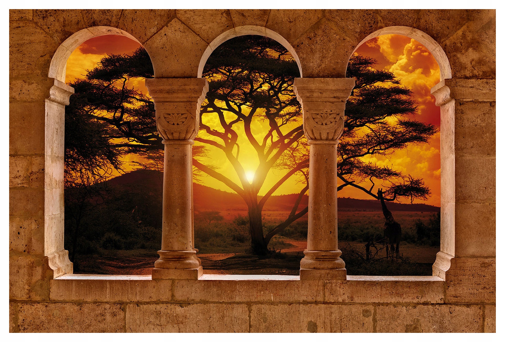 Tapeta Západ slnka v africkej savane cez kamenné oblúky 416x254