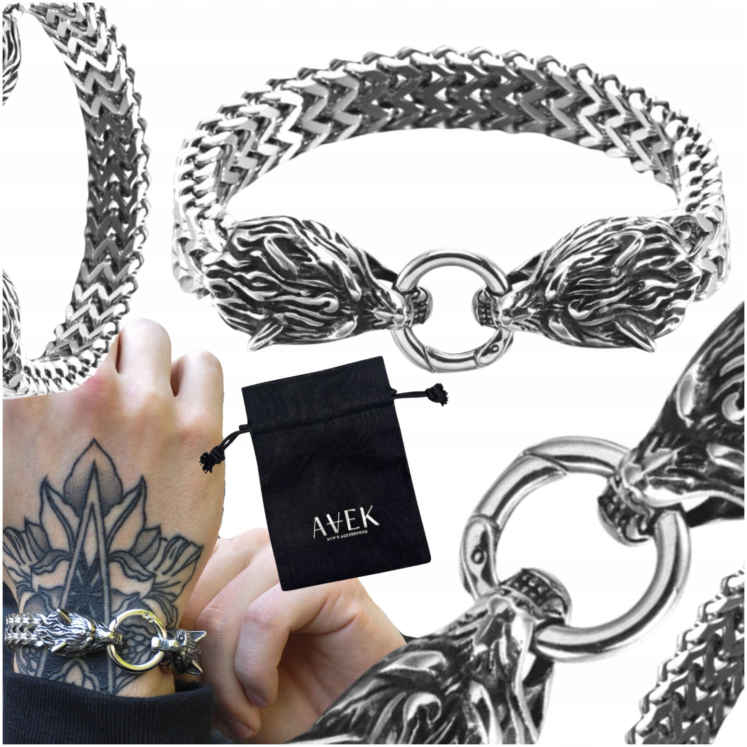 Pánský Náramek Z Masivní Oceli, Stříbrný, Severský, Vikingský, Vlkový, Avek