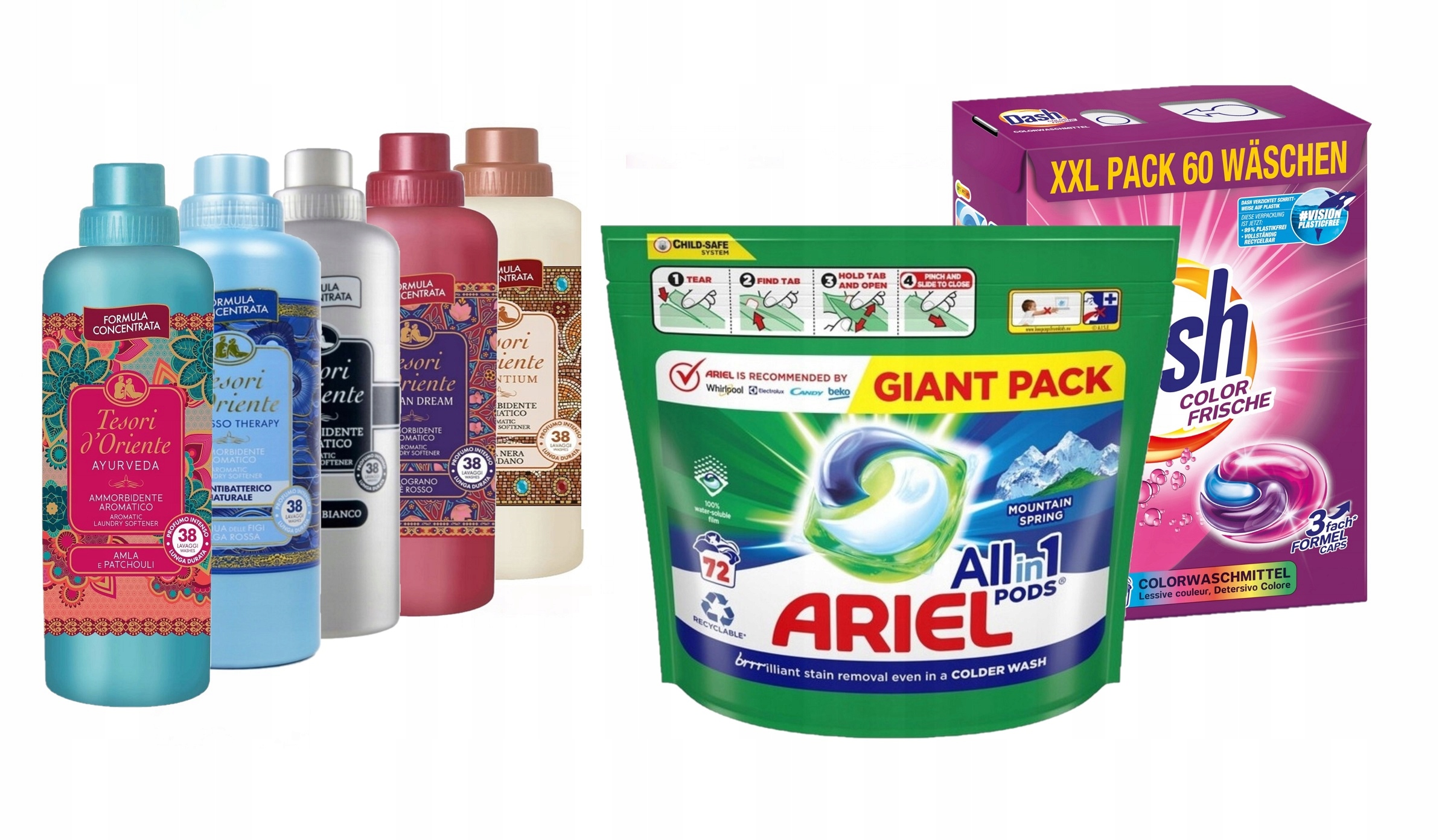 Levně Kapsle na praní Dash Ariel 60ks 72ks Aviváž Tesori 5x760 Ml