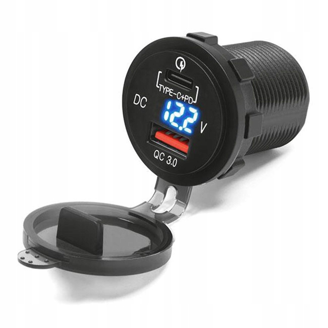 GNIAZDA DO MOTOCYKLA–PD+QC3.0 – 3.6A – WYŚWIETLACZ