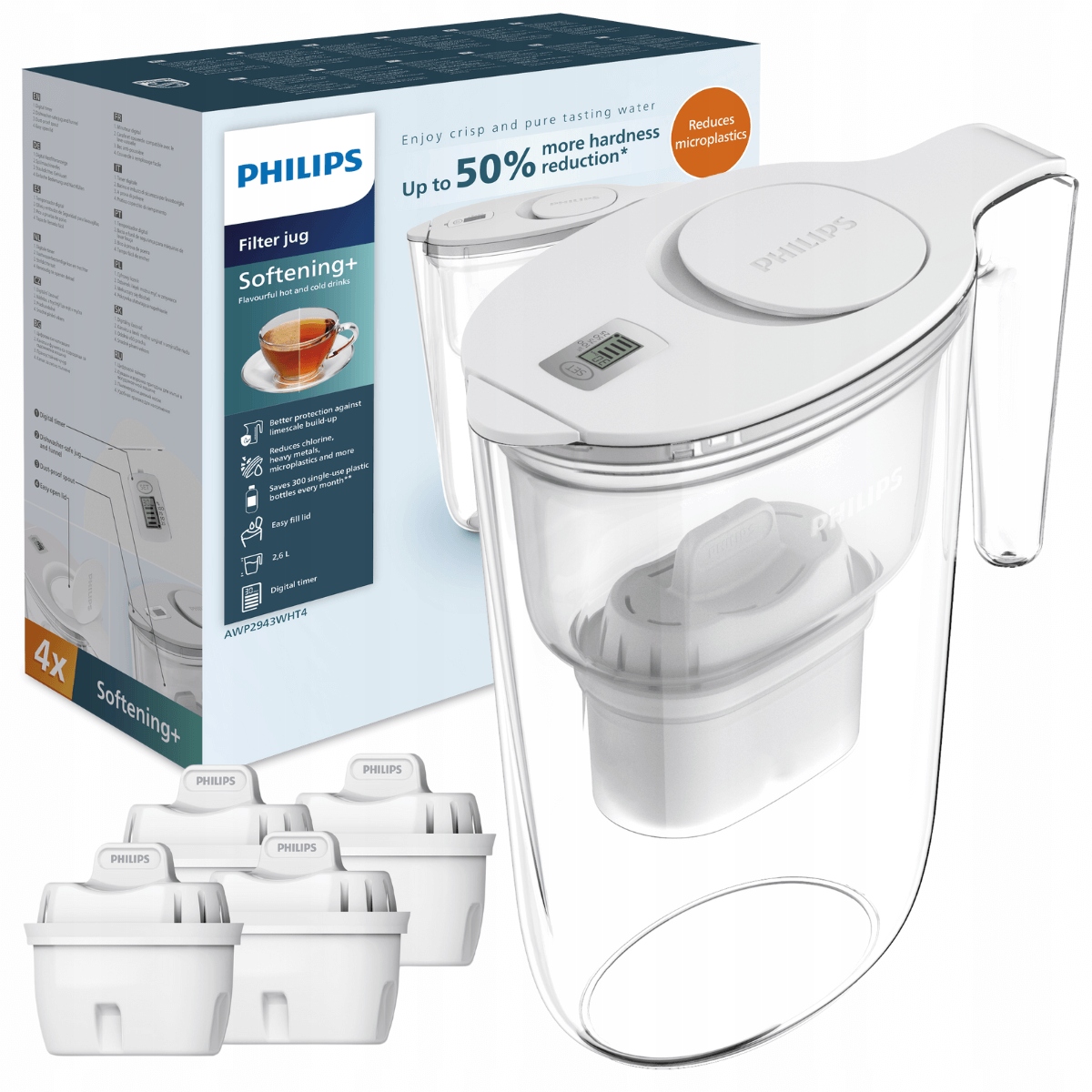 Dzbanek filtrujący zmiękczający wodę AWP2943WHT4/10 z 4 filtrami w zestawie