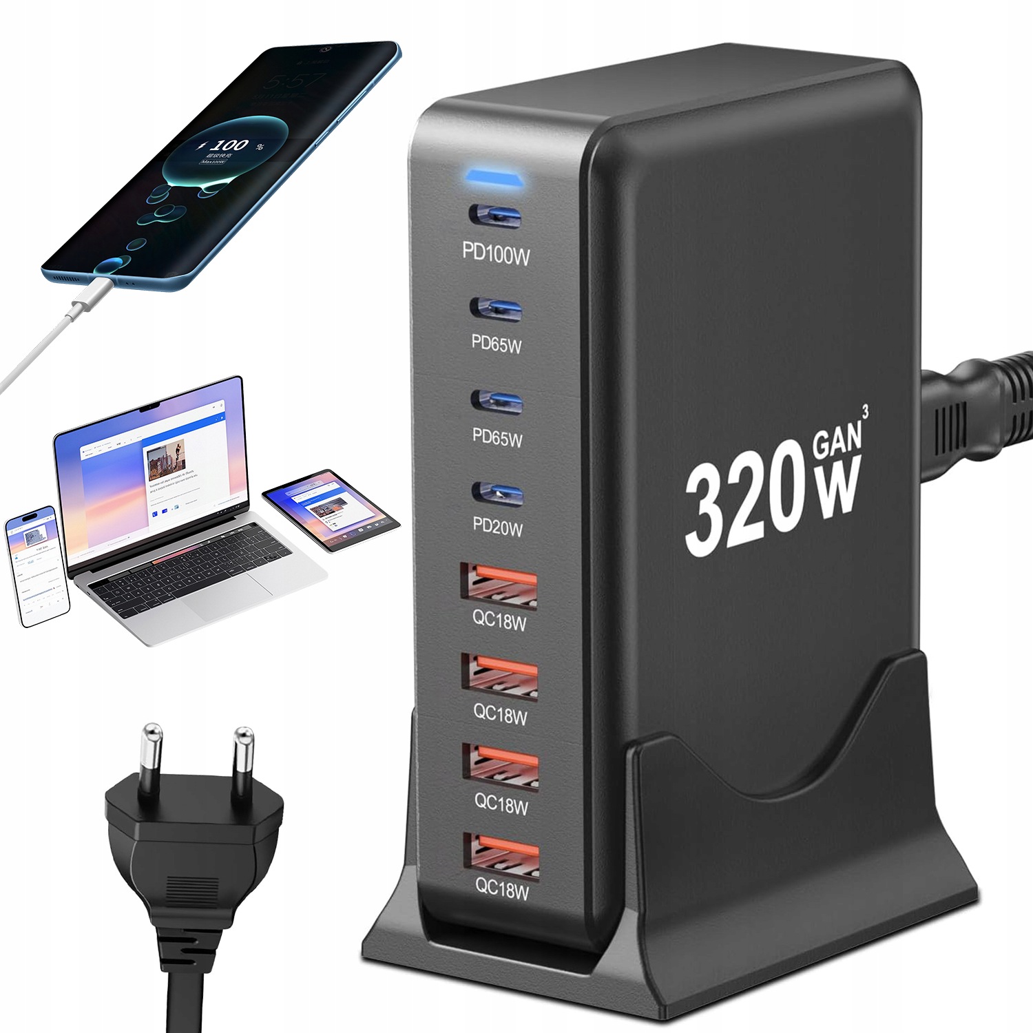 Víceportová Nabíjecí Stanice 8V1 Gan 320W, 4X Pd A 4X Qc Rychlonabíjení