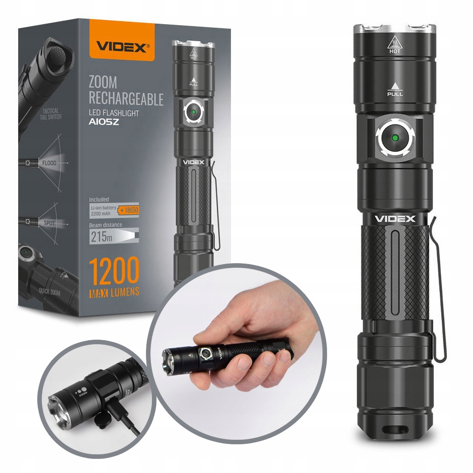Latarka mocna Led VLF-A105Z Videx akumulatorowa Usb-c 10W 1200lm Zoom