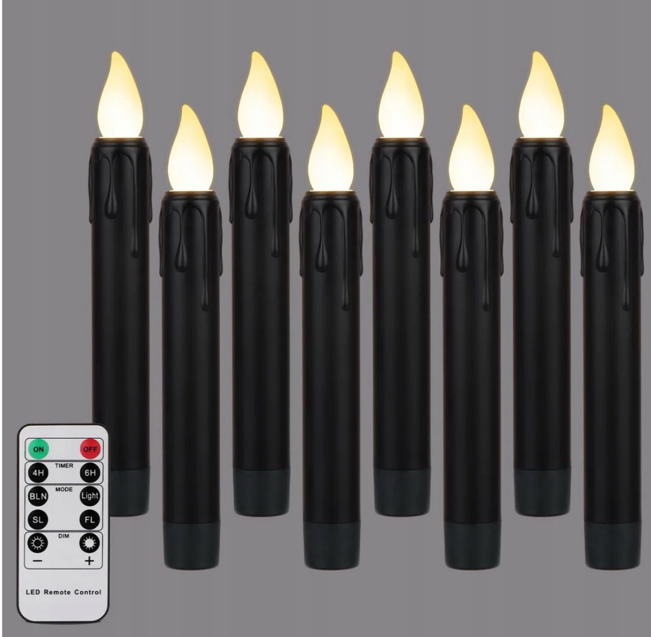 Sada 8 černých kuželových Led svíček s dálkovým ovládáním a časovačem blikání