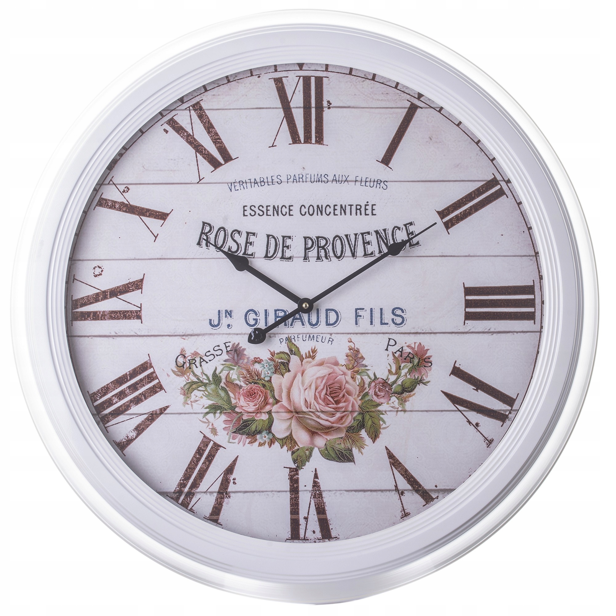 Veľké nástenné hodiny, biela kovová rámová konštrukcia, kvety