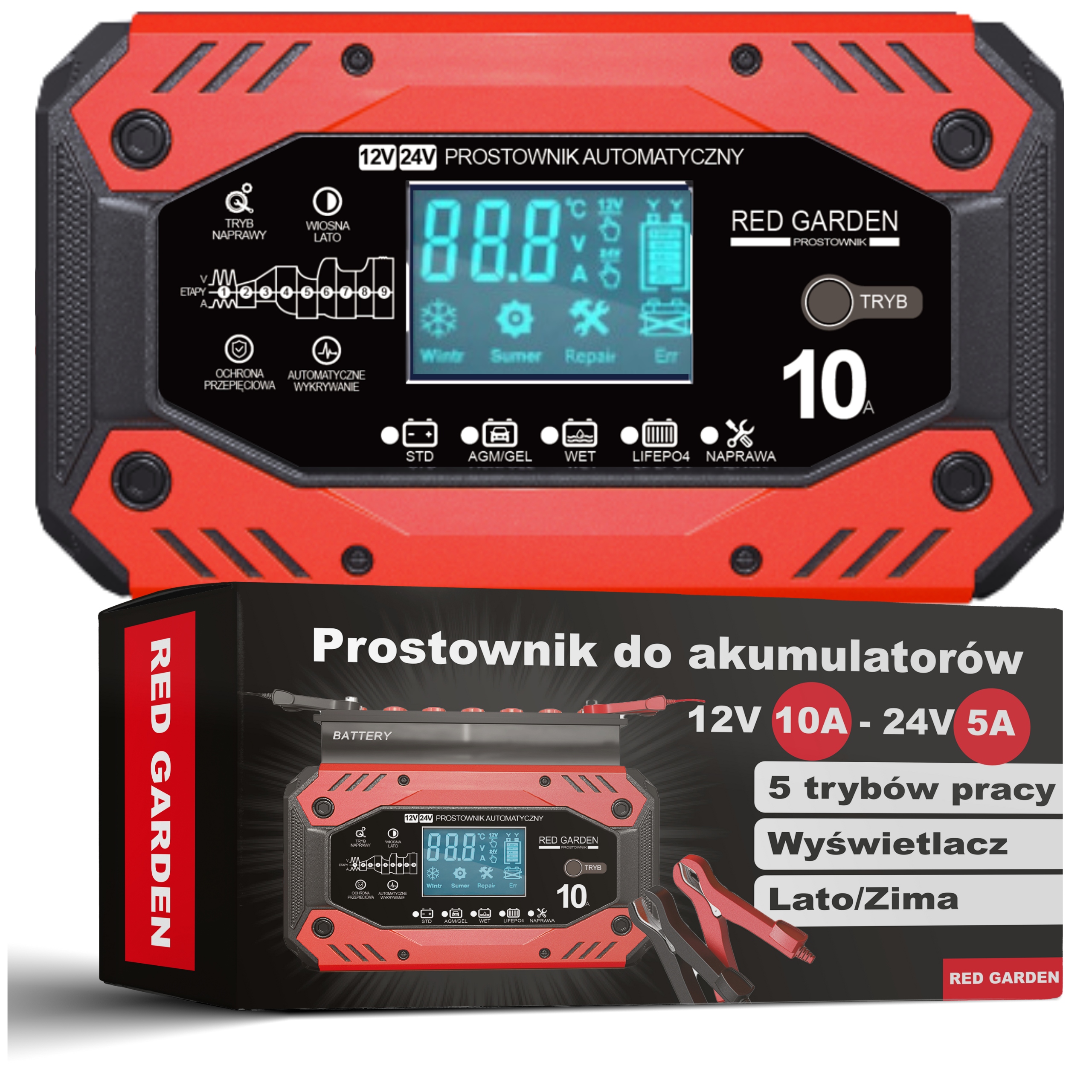 Prostownik do akumulatorów samochodowych automatyczny ładowarka 10A 12V 24V