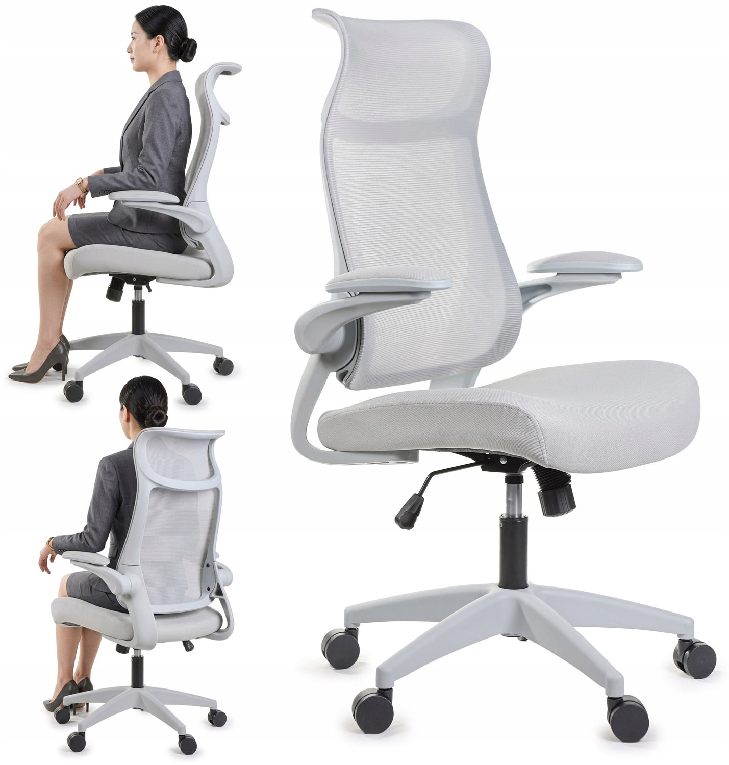 Ergonomiczny szary fotel biurowy, regulowane podłokietniki Bhp siwy