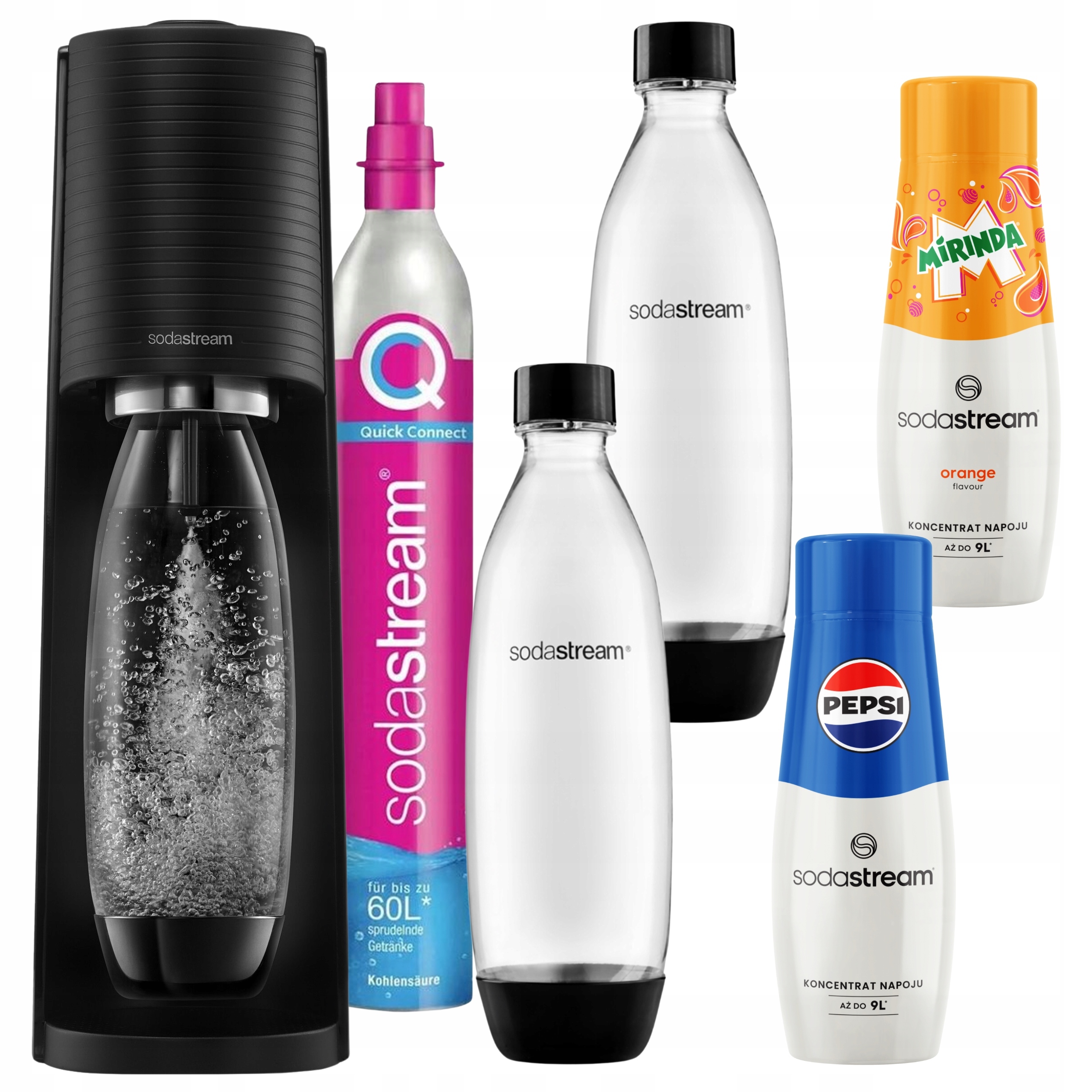 Výrobník Sody SodaStream Terra Černý na vodu 2 lahve 1 l, sirup Pepsi Mirinda